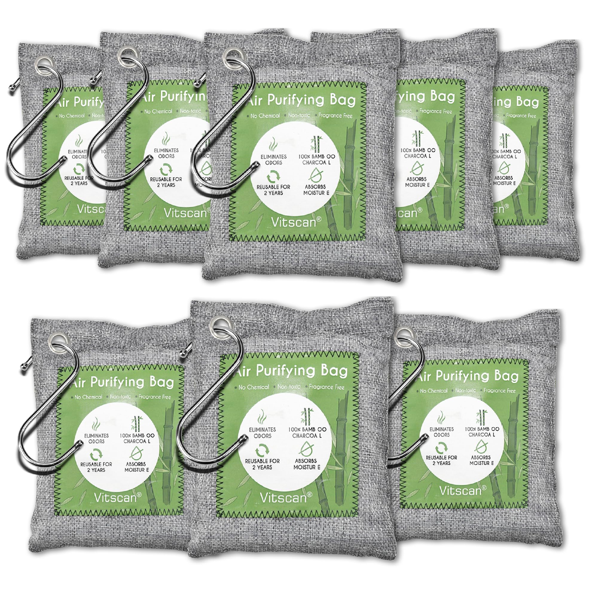 Vitscan eight-pack bamboo charcoal bags for targeted odor and moisture absorption.
