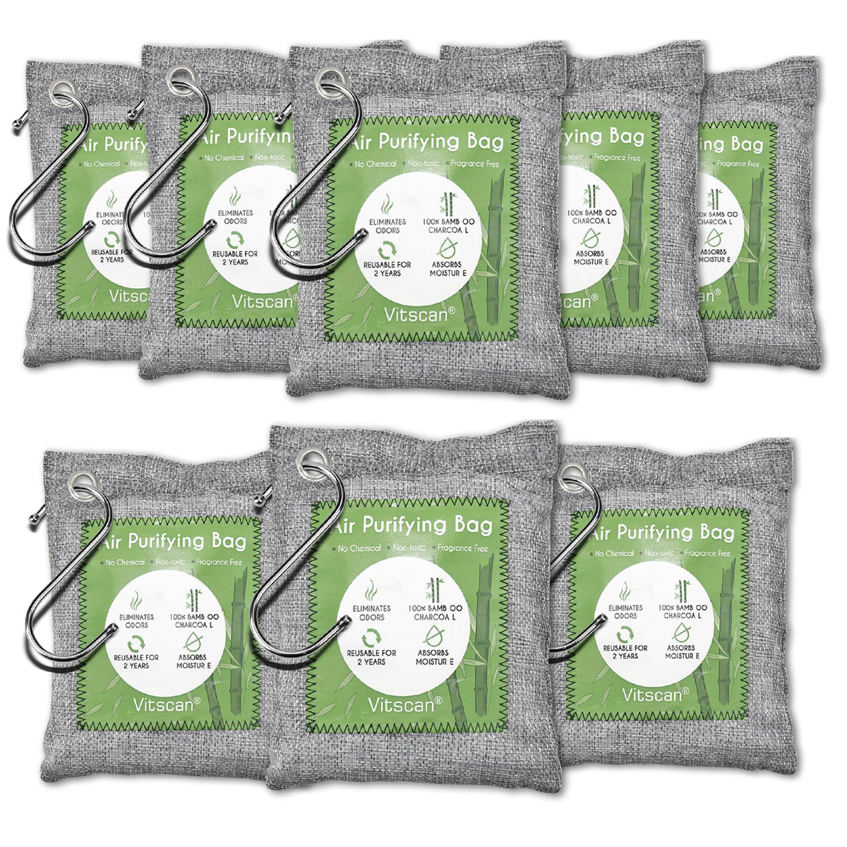 Vitscan eight-pack bamboo charcoal bags for targeted odor and moisture absorption.