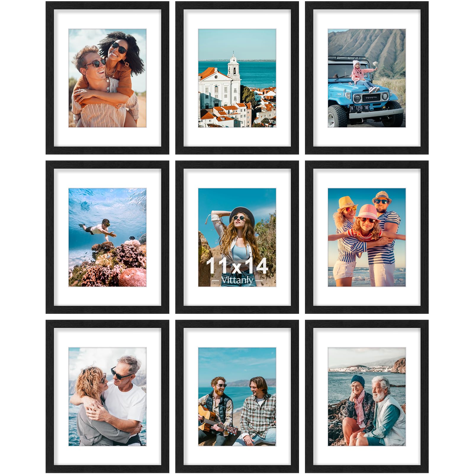 Vittanly 11x14 frame set front view with black engineered wood and clear plexiglass.