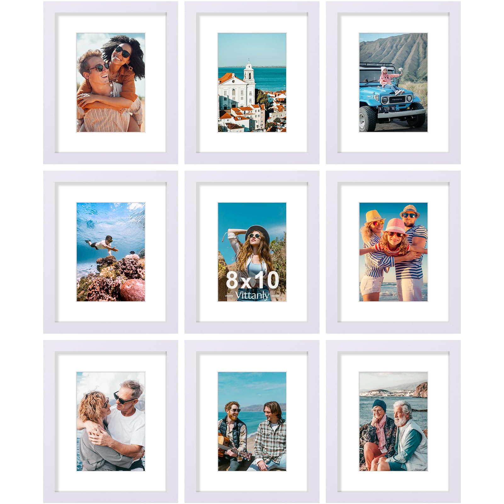 Vittanly 8x10 frame set of 9 displayed with mats for 5x7 photos, white finish