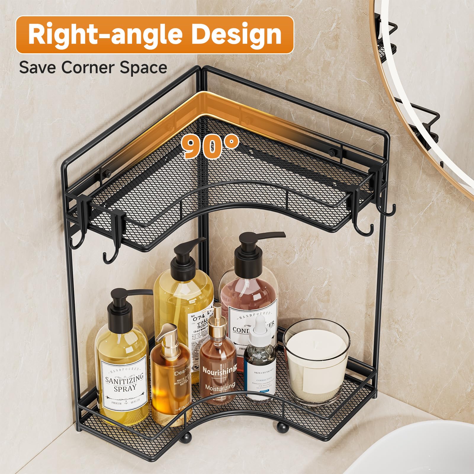 Corner-fit design saves counter space in small bathrooms.