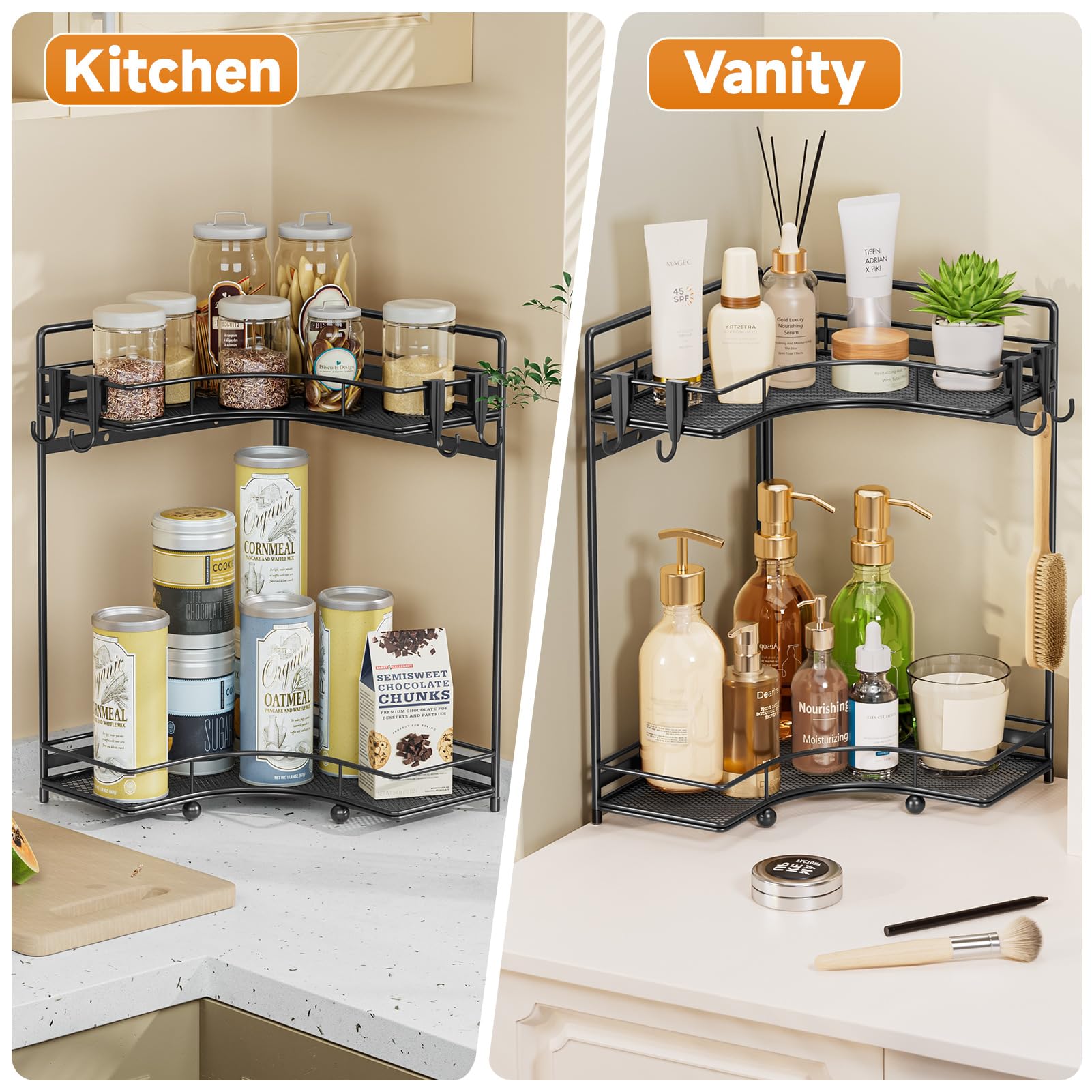 Multi-purpose rack fits vanity, kitchen, and decor.