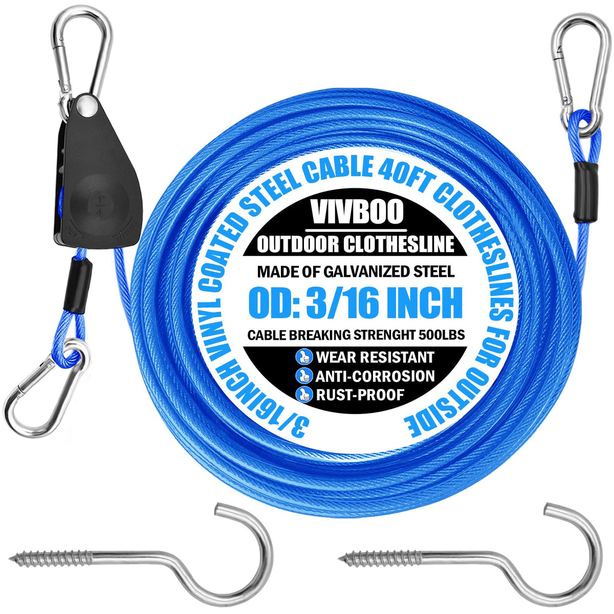 VIVBOO 40 ft outdoor clothesline with retractor ready for setup
