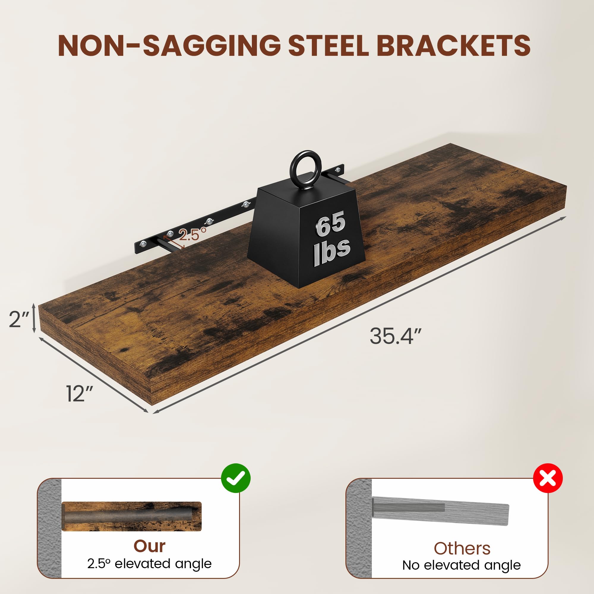 Vivelove rustic shelves showing military-grade brackets for strong, stable support