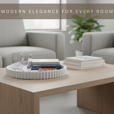 Vivere Home round tray on kitchen island decor adds modern flair.