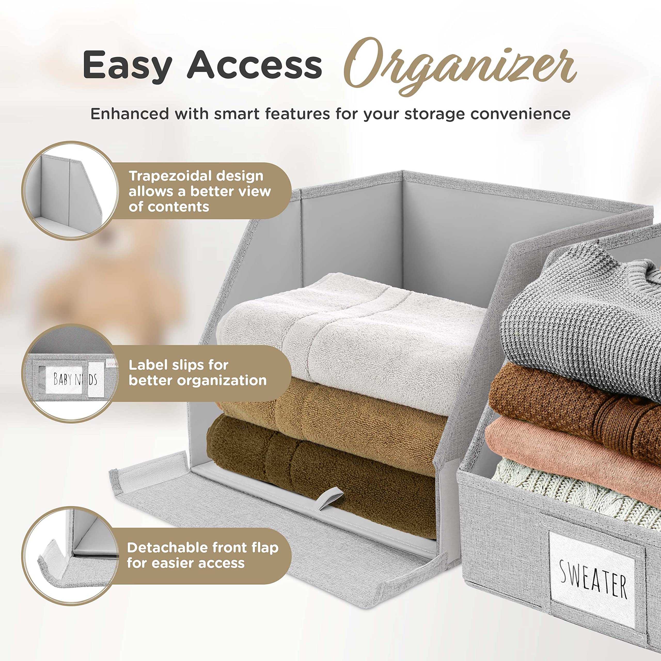 VIVIDECOR light gray finish bin for versatile closet organization.