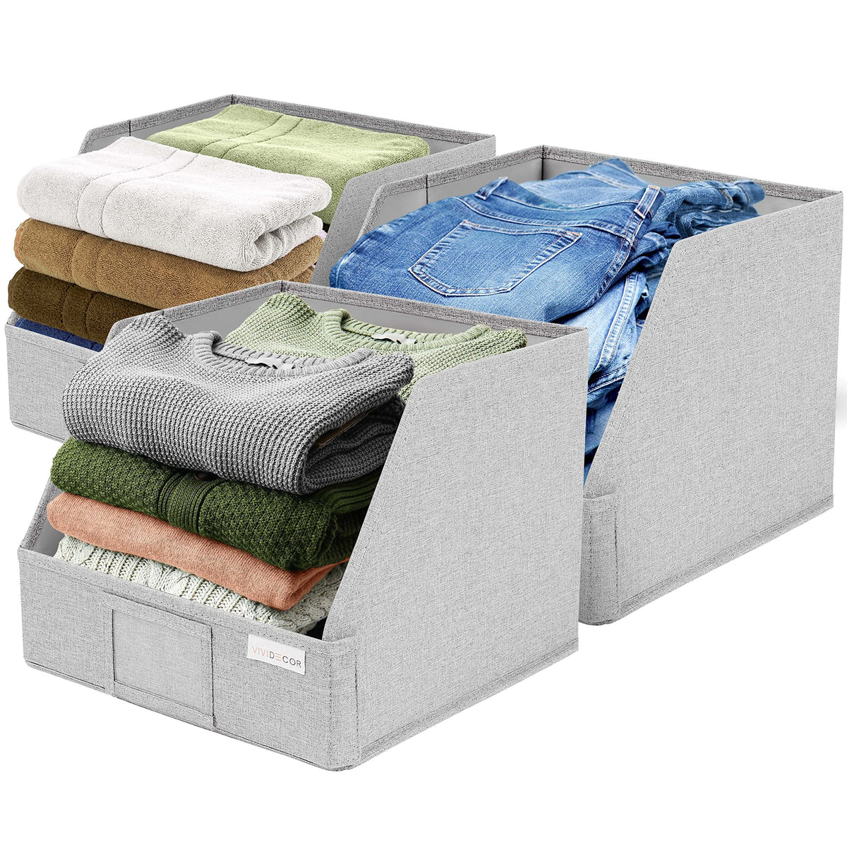 VIVIDECOR Open Front Trapezoid Bin with front panel for quick clothing access.