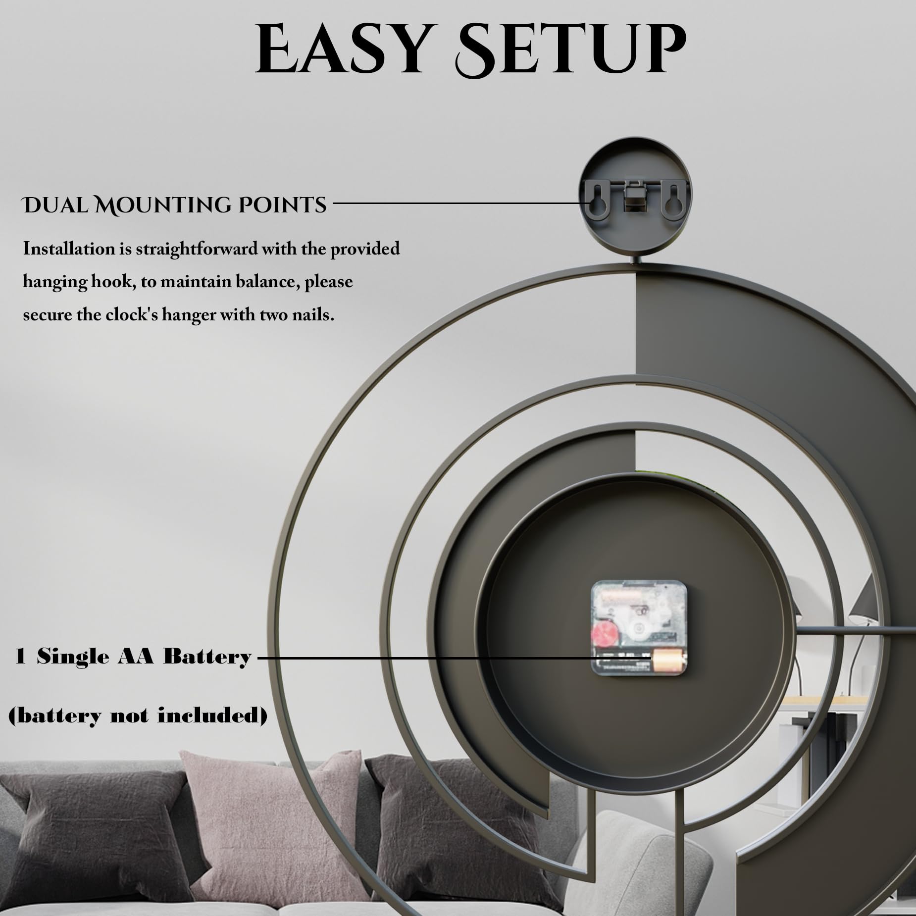 VIVIFLYSE living room wall clock as decorative focal point and conversational accent.