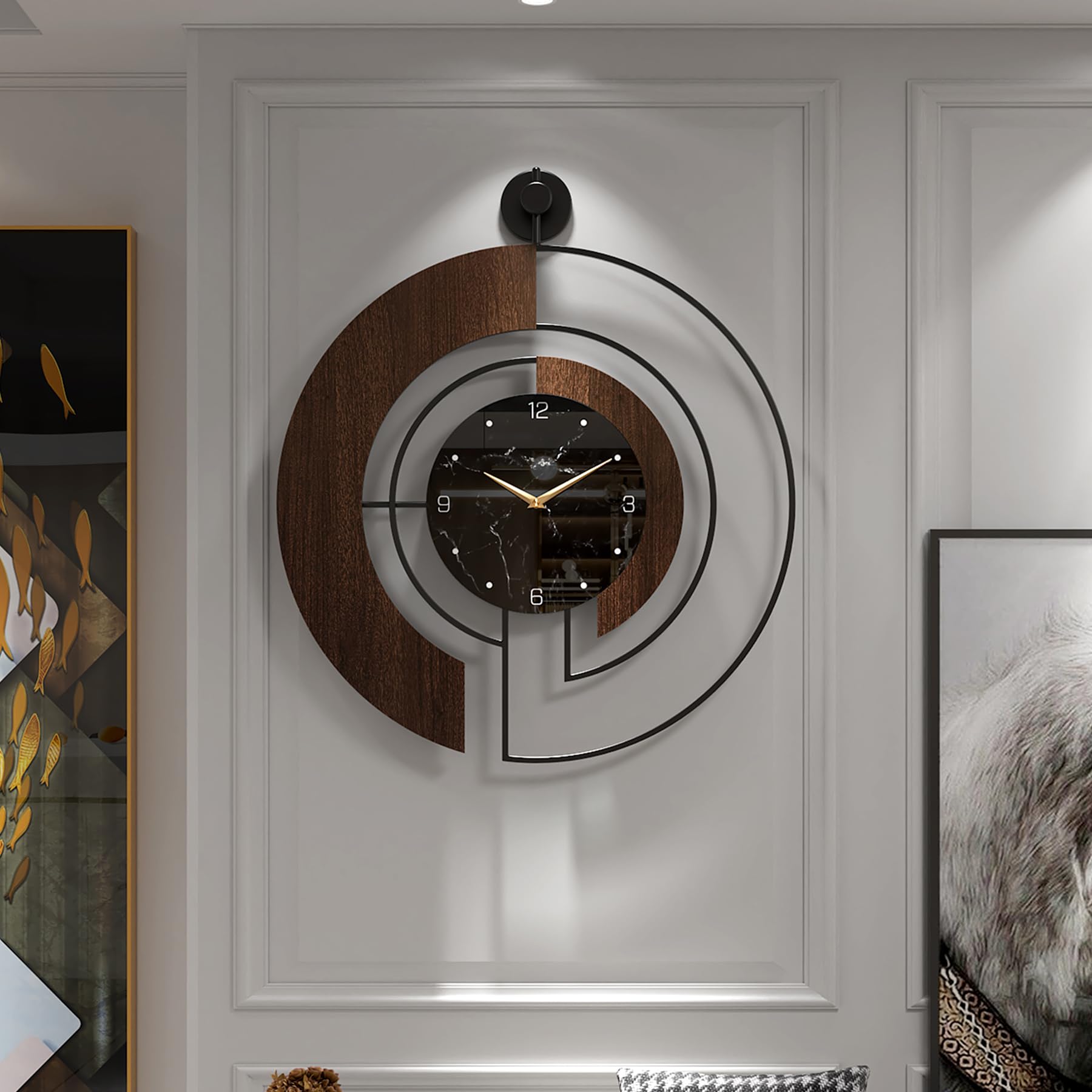 VIVIFLYSE modern walnut marble dial clock front view, stylish centerpiece for living rooms.