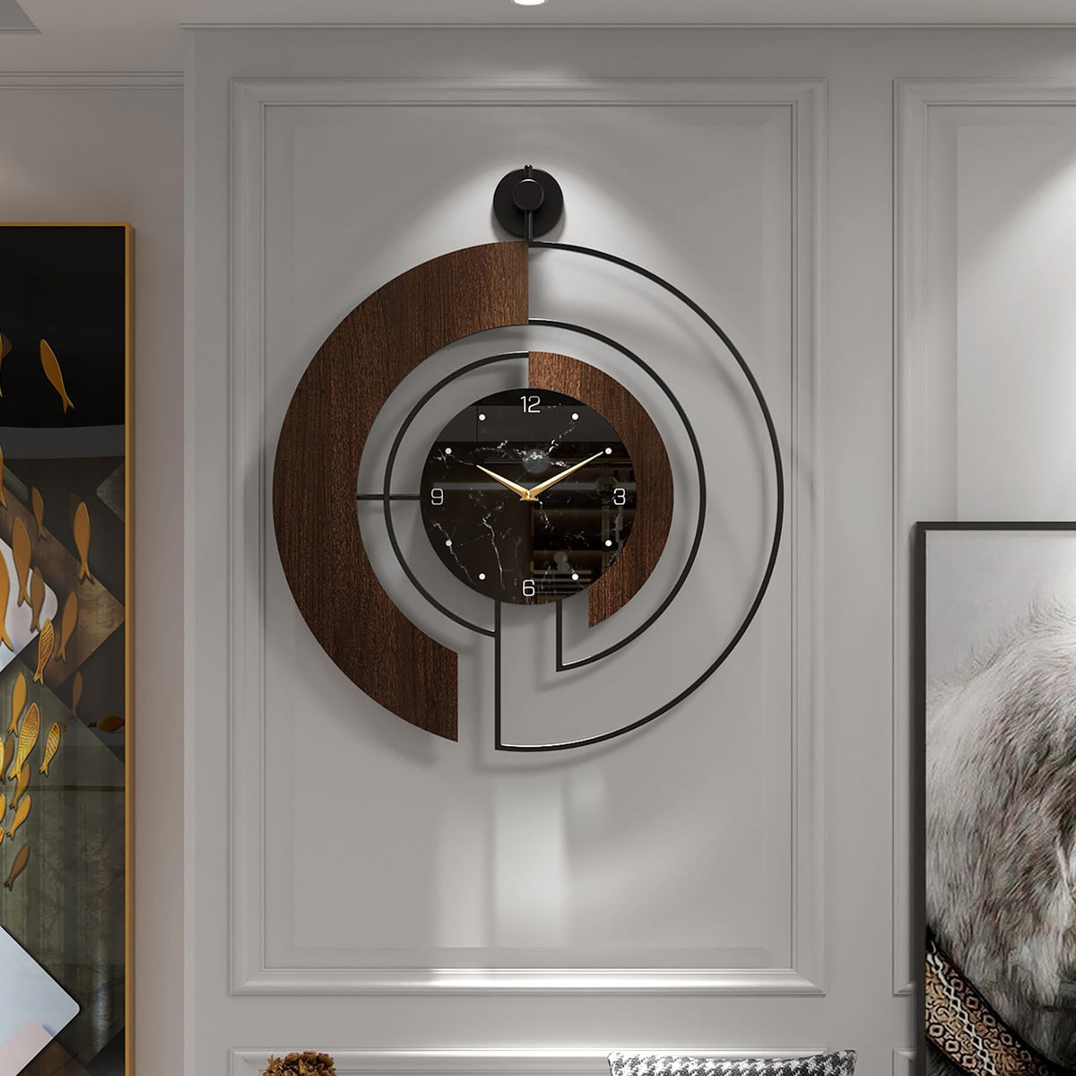 VIVIFLYSE modern walnut marble dial clock front view, stylish centerpiece for living rooms.
