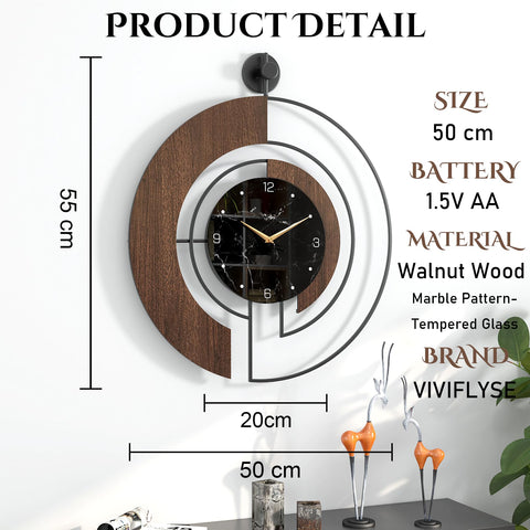 VIVIFLYSE walnut marble dial clock side view shows slim profile and contemporary design.
