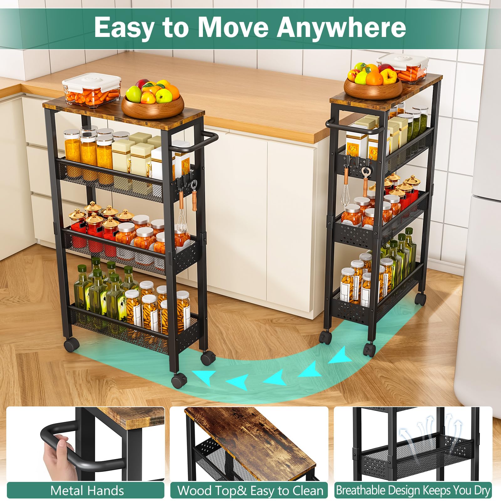 Vivihomety cart with 360° wheels rolls smoothly under cabinets.