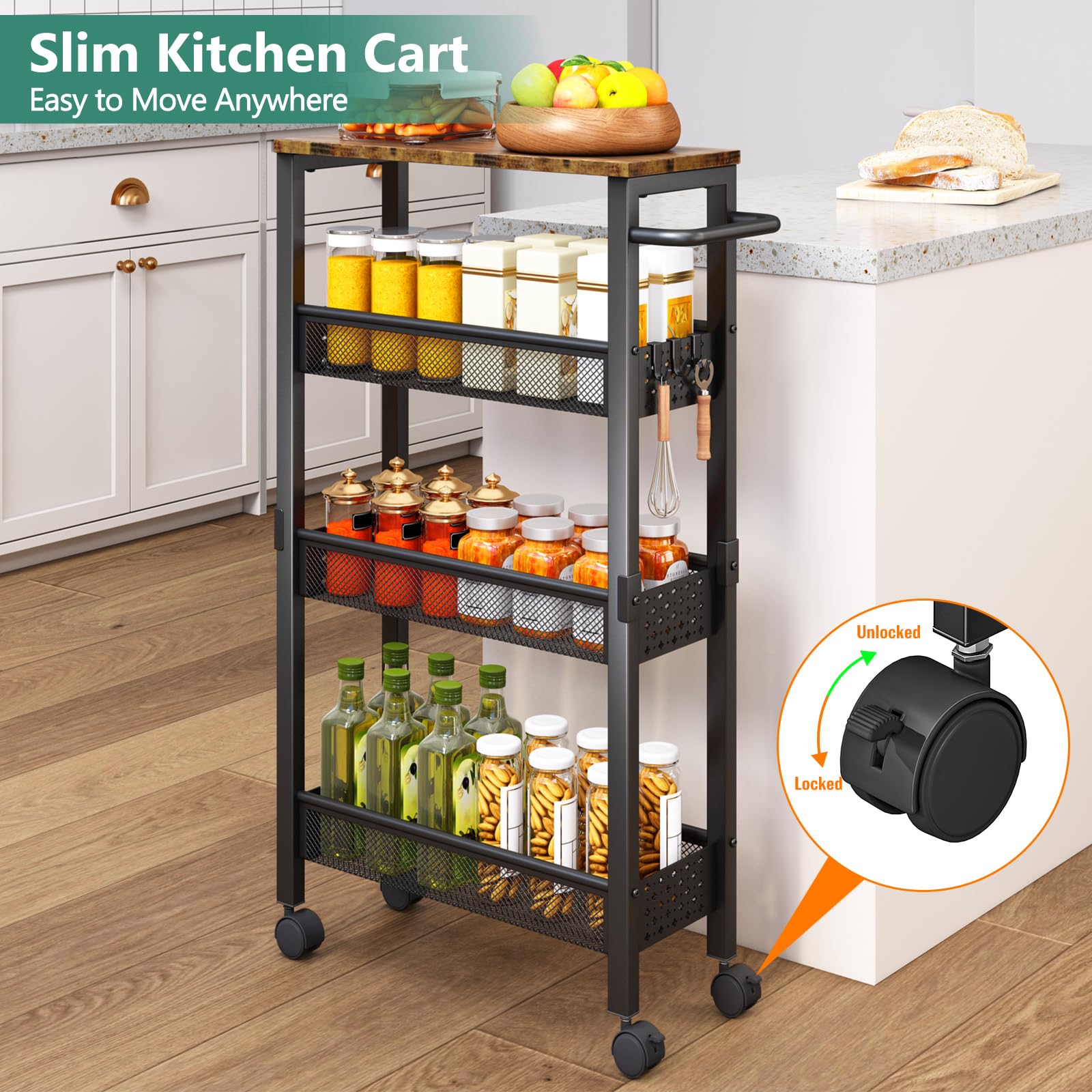 Vivihomety compact cart stores spices, oils, cosmetics neatly.