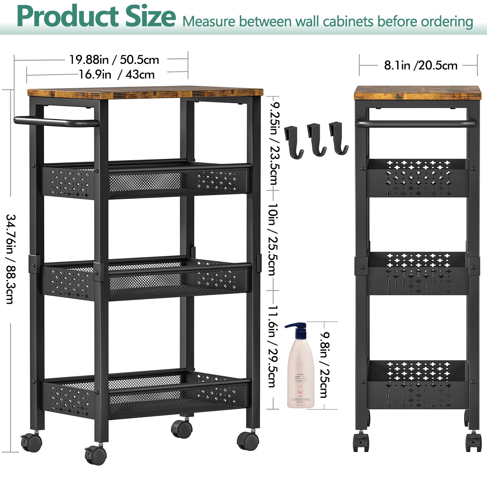 Vivihomety narrow 7in-wide cart fits tight gaps between appliances for efficient space use.