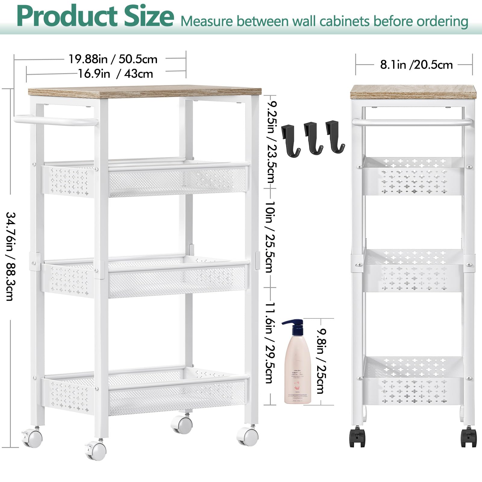 Vivihomety narrow-width design slides easily between appliances for compact storage.
