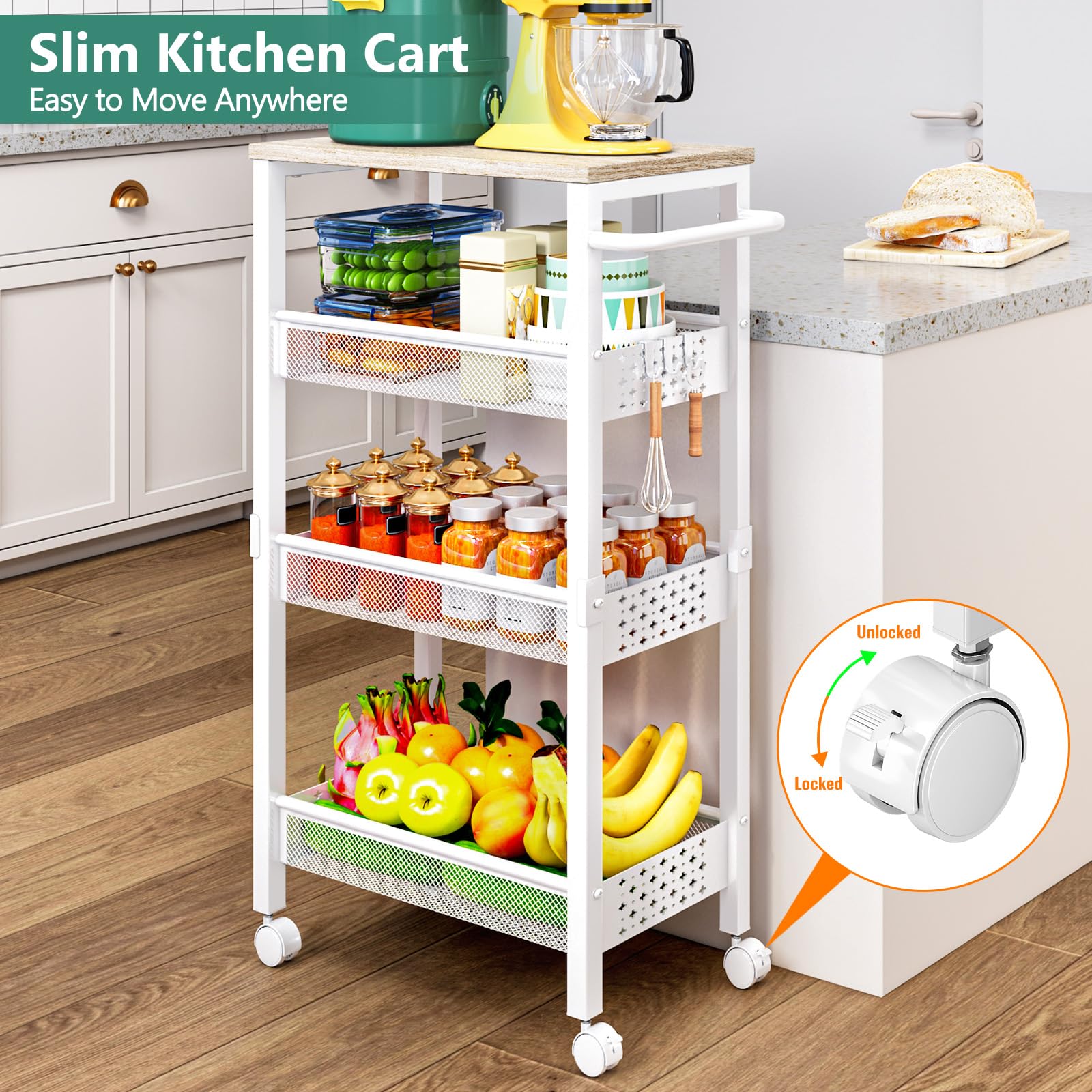 Vivihomety rolling cart fits narrow gaps between appliances for organized spaces.