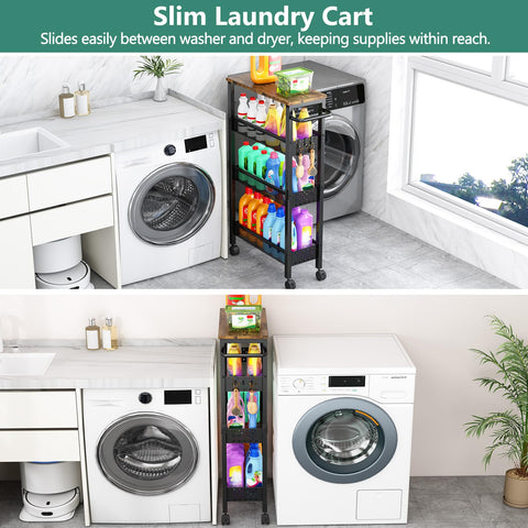 Vivihomety slim cart fits between washer and dryer for compact laundry storage.