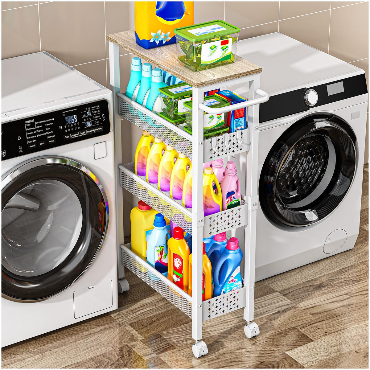 Vivihomety utility slim cart with wood top offers extra prep space in the kitchen.