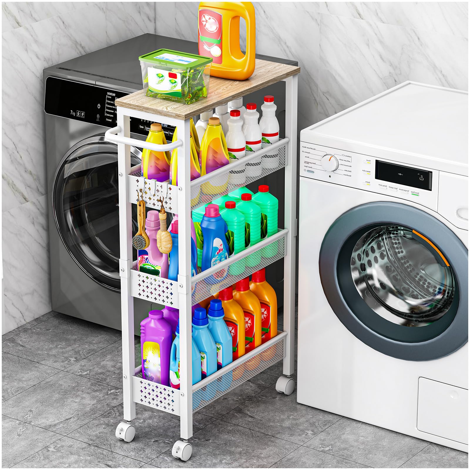 Vivihomety slim cart with wood top, stylish storage for compact kitchen space