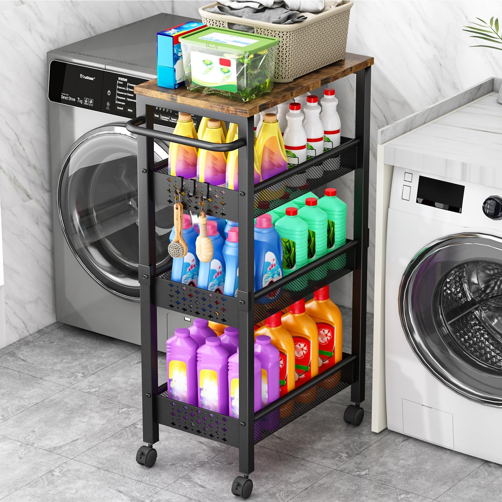 Vivihomety utility slim storage cart with wood top keeps counters tidy and adds warm style.