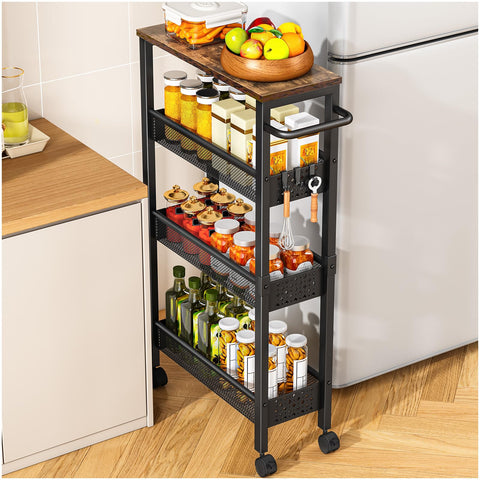 Vivihomety utility slim storage cart with wood top in living room; enhances organization.