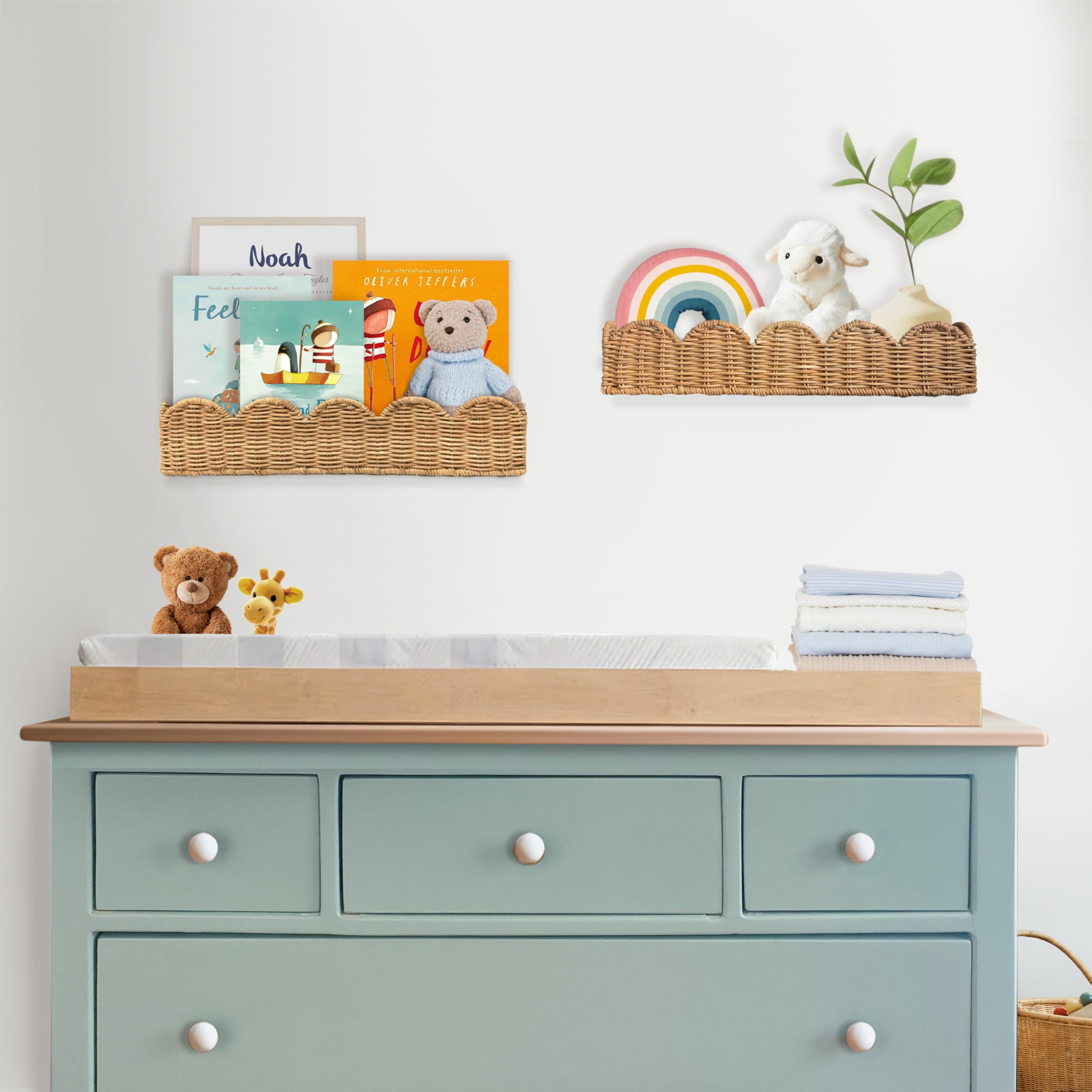 VIVIKA scalloped shelves showcase books with a cozy natural wicker texture.
