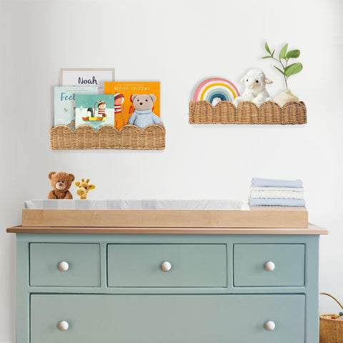VIVIKA scalloped shelves showcase books with a cozy natural wicker texture.