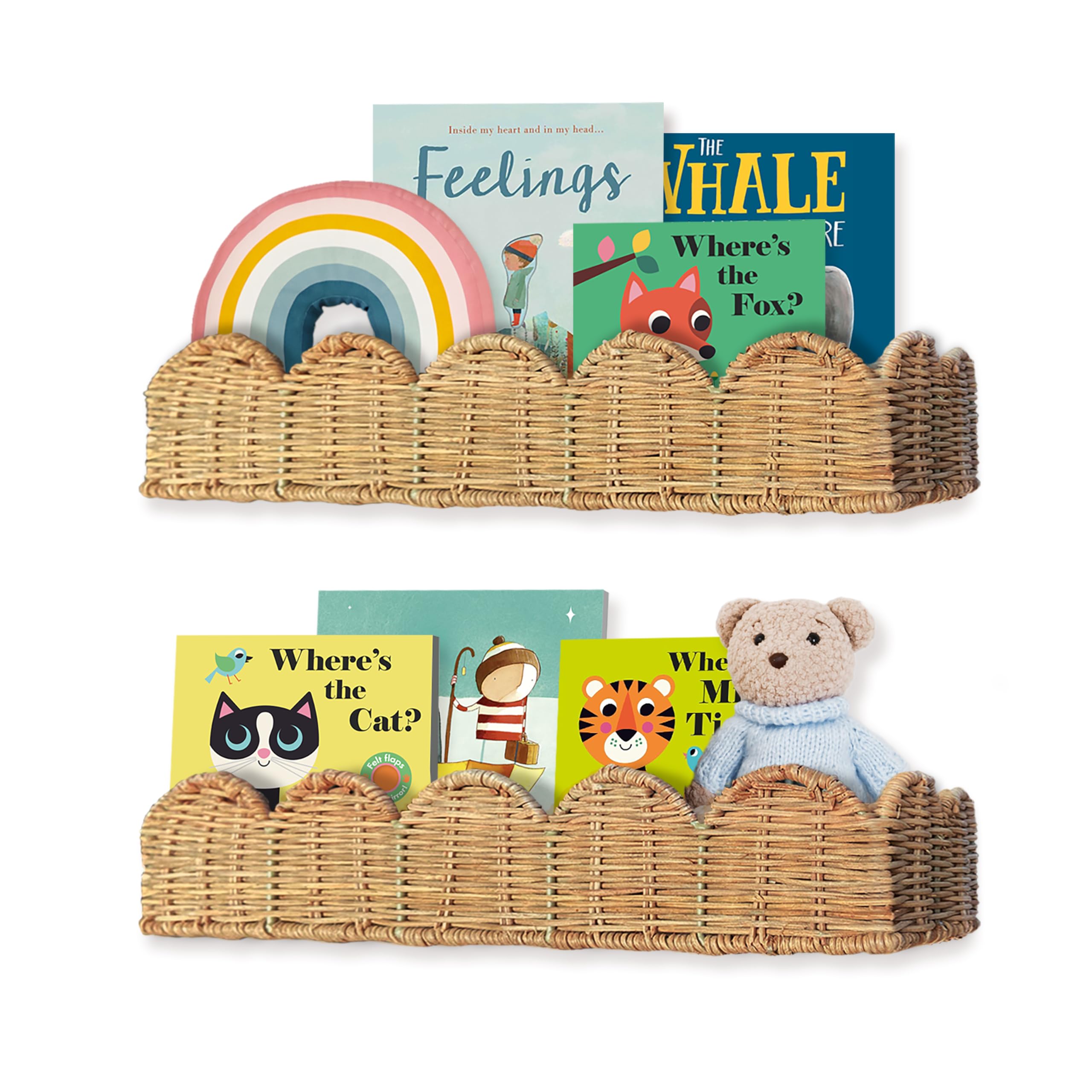 VIVIKA nursery shelves set 2 in handwoven rattan wall mount for organized book display.