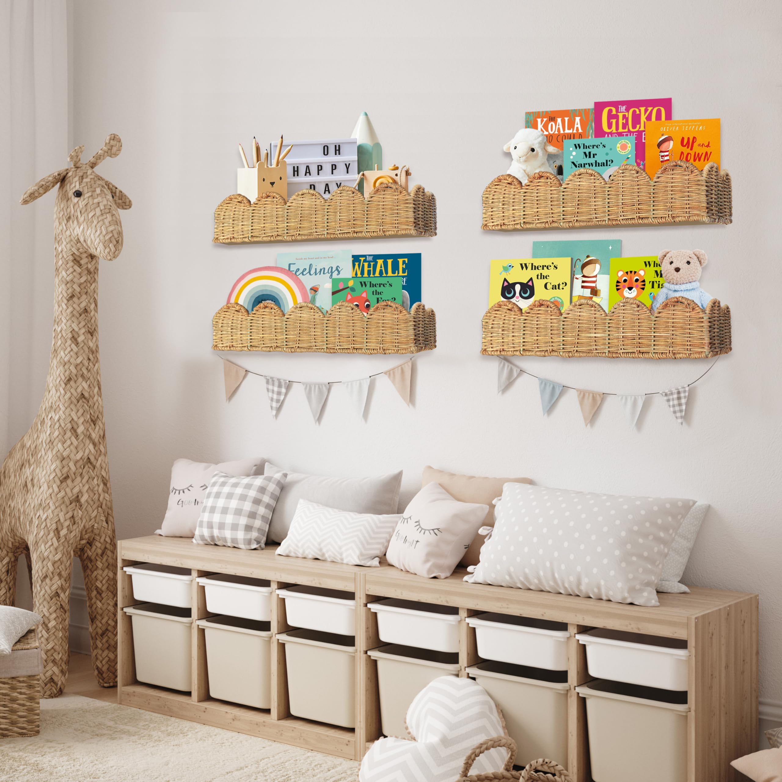 VIVIKA floating shelves installed vertically add charming boho vibes.