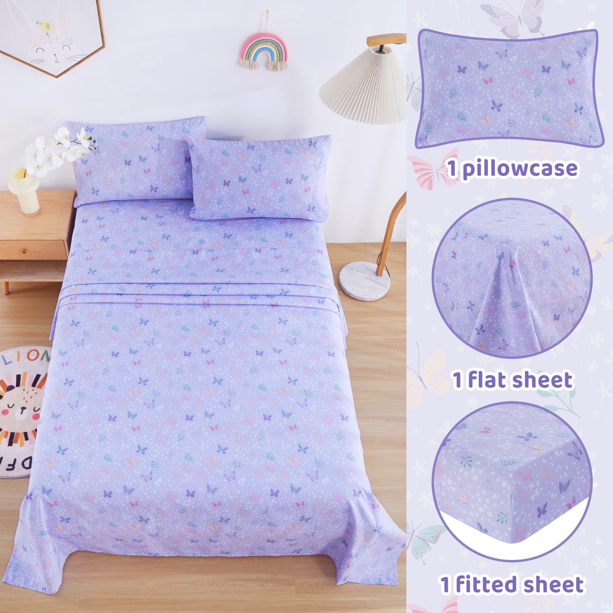 Viviland butterfly floral twin fitted sheet, deep-pocket design for secure fit.