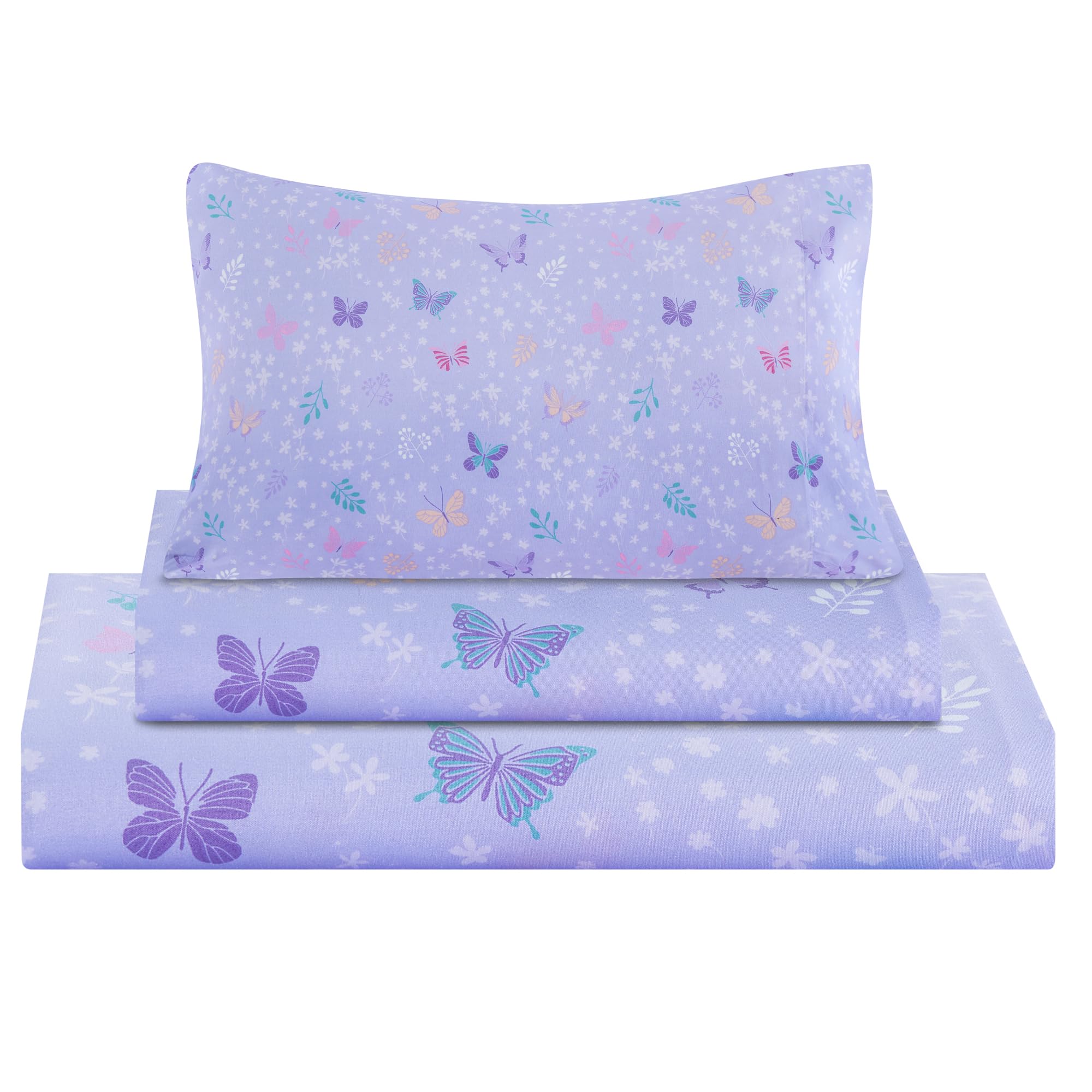 Viviland butterfly floral twin flat sheet, bright kid-friendly print for bedtime.