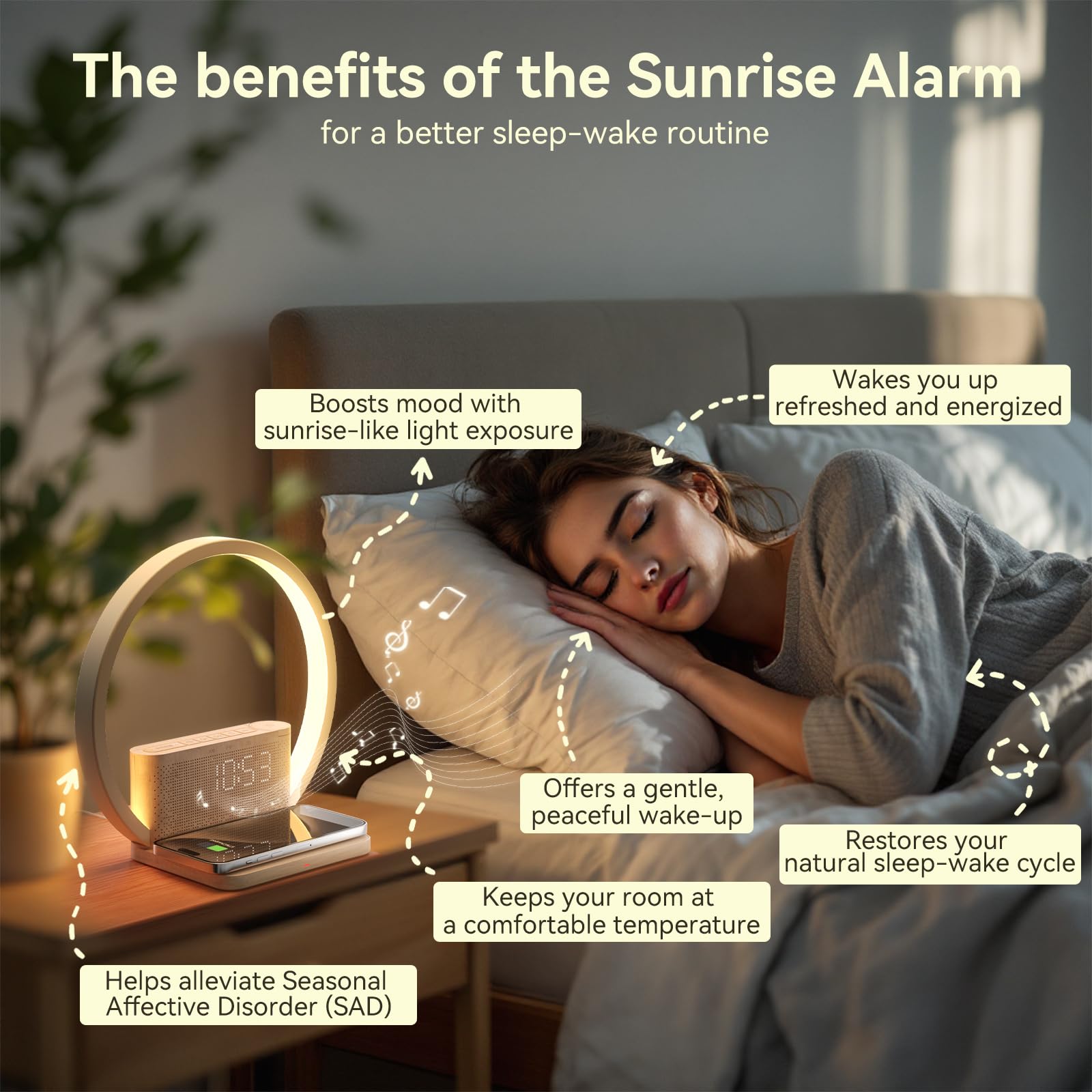 Vivilumens Sunrise Alarm Clock ambient night light creates a cozy bedroom atmosphere.