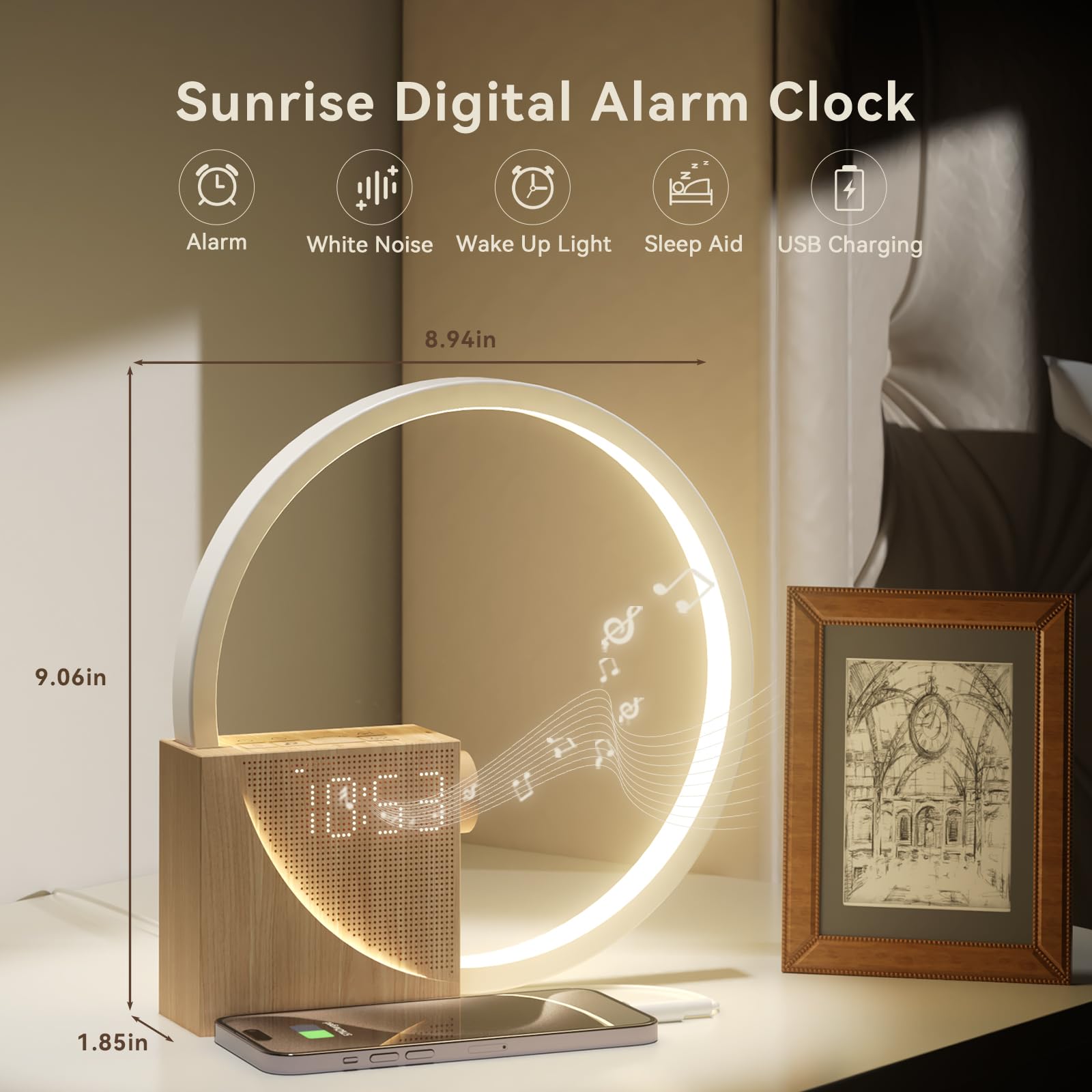 Vivilumens Sunrise Alarm Clock adjustable touch lamp provides mood lighting.