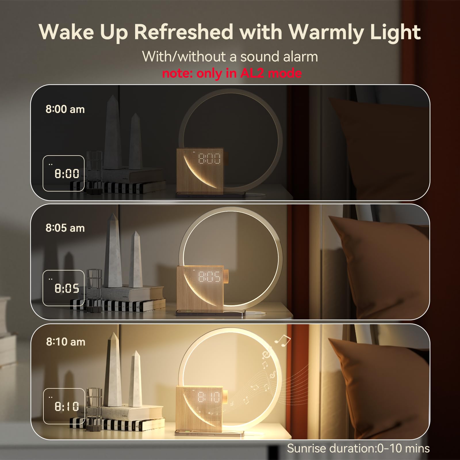 Vivilumens Sunrise Alarm Clock white noise options for relaxation.
