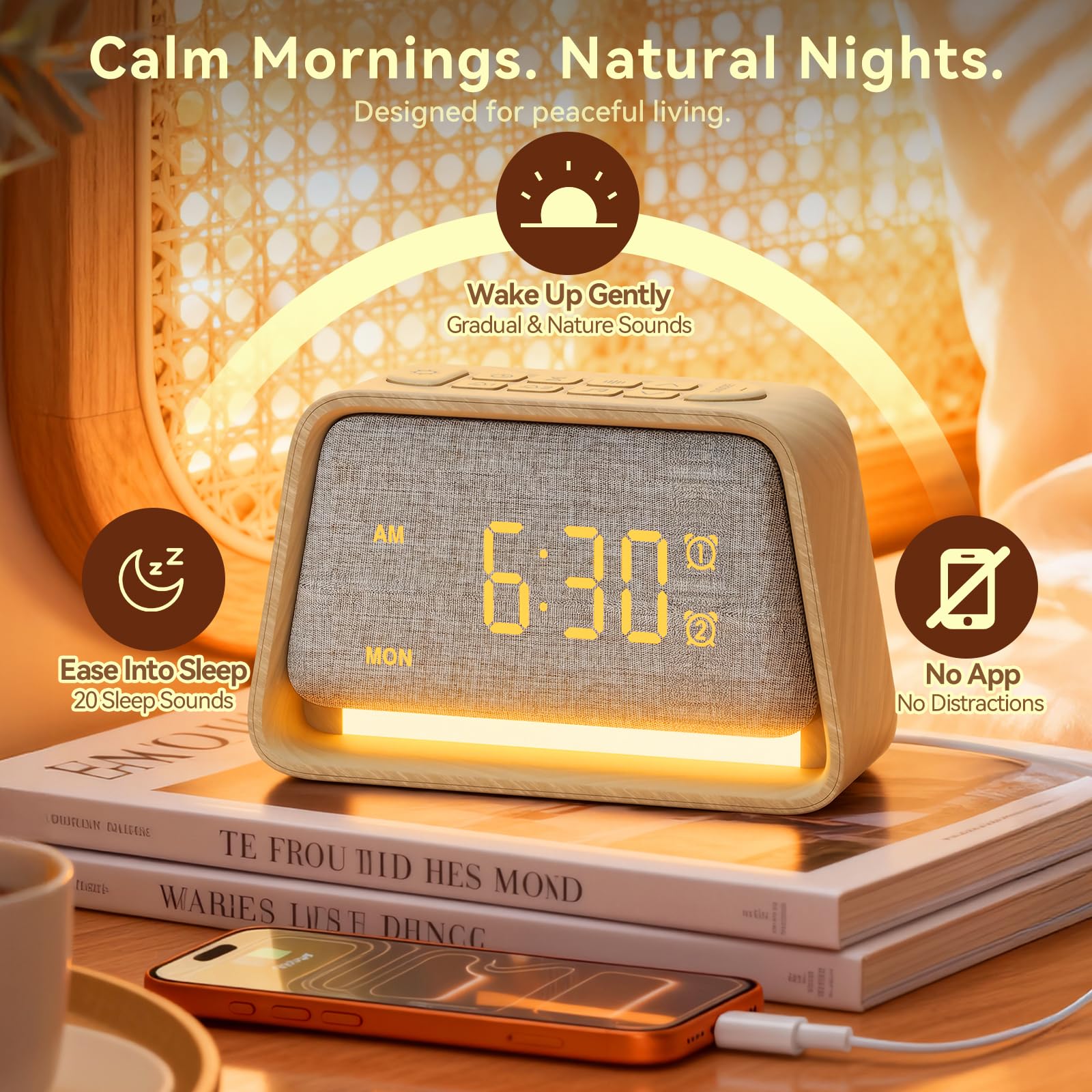 Vivilumens wooden alarm clock 20-sound library supports varied soothing options