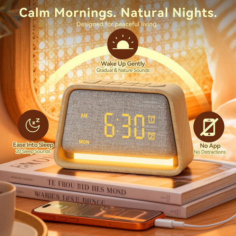 Vivilumens wooden alarm clock 20-sound library supports varied soothing options