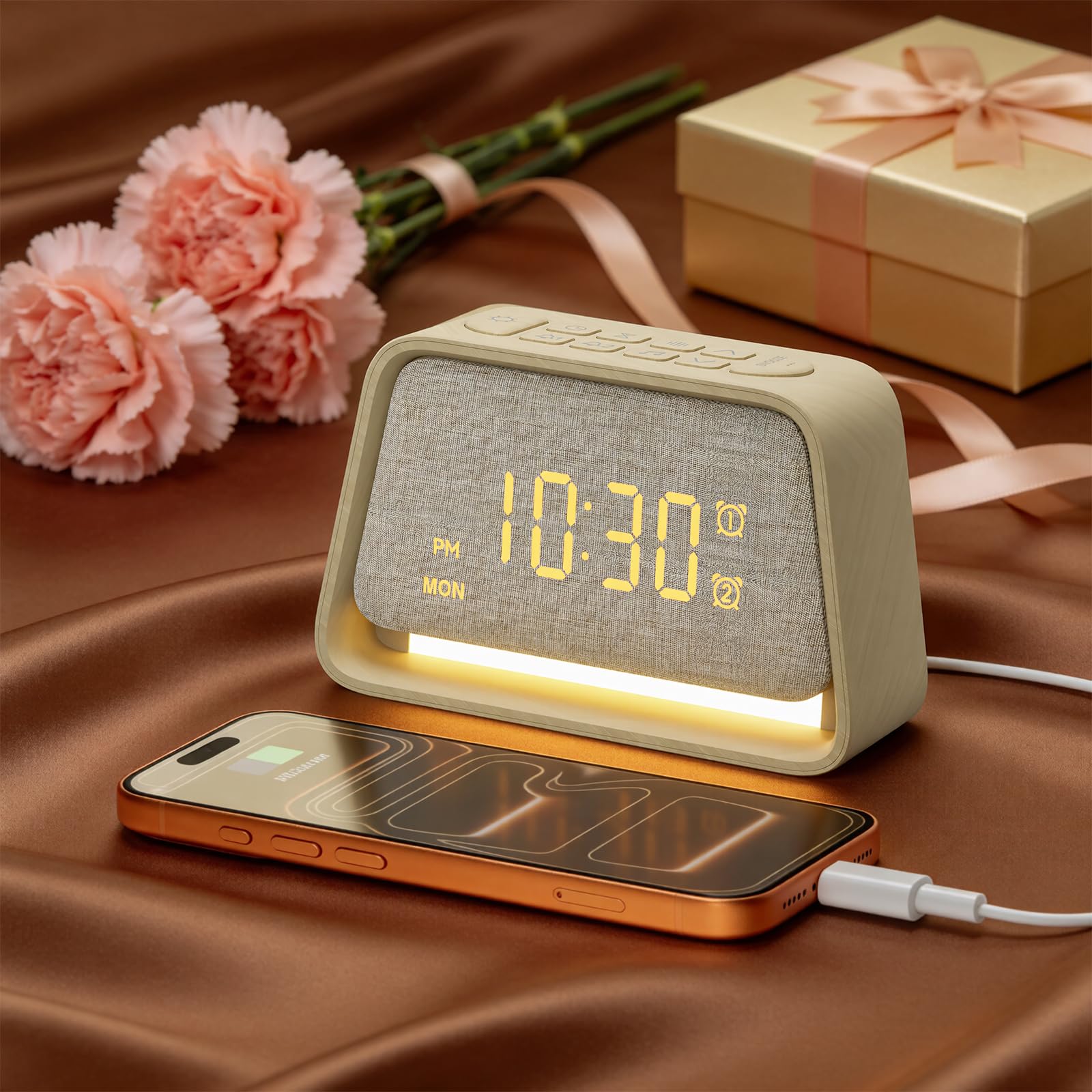 Vivilumens wooden alarm clock close-up with wood finish and clear night display for easy night-time reading