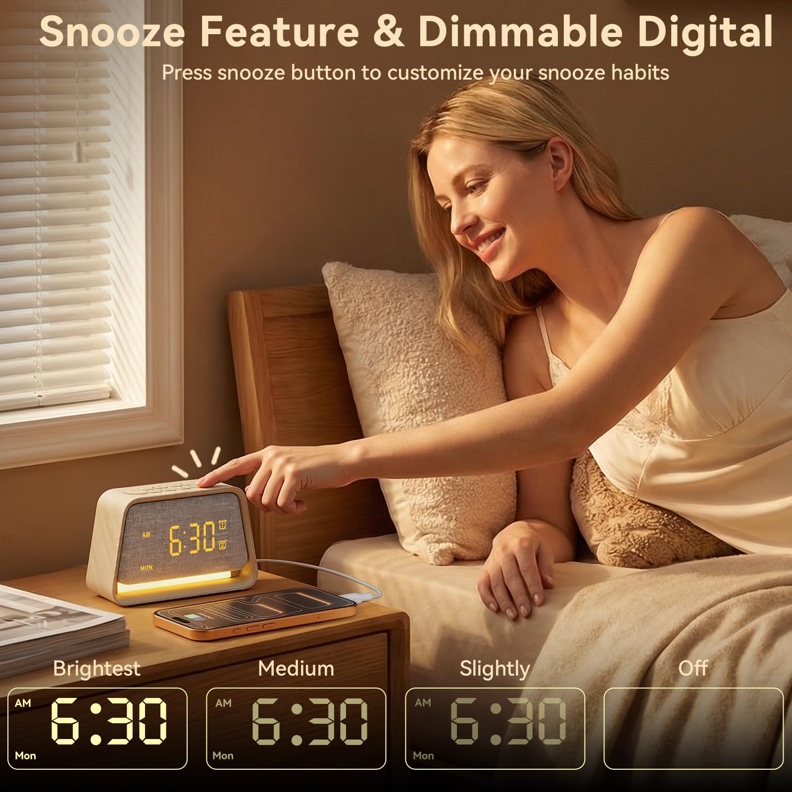 Vivilumens wooden alarm clock compact bedside size fits small nightstands