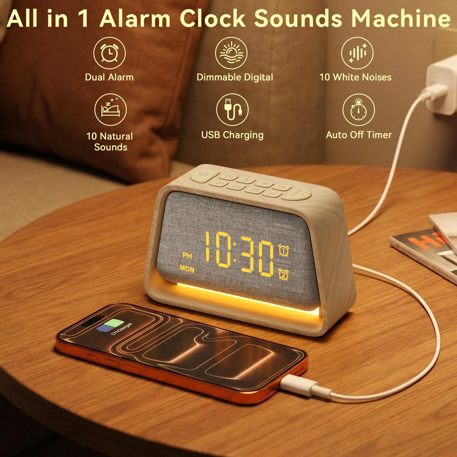 Vivilumens wooden alarm clock night light setting provides soft illumination without glare