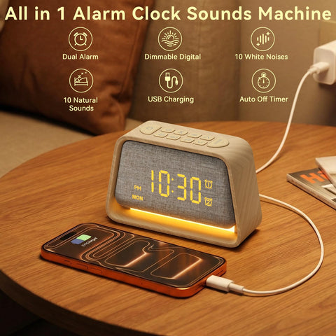 Vivilumens wooden alarm clock night light setting provides soft illumination without glare