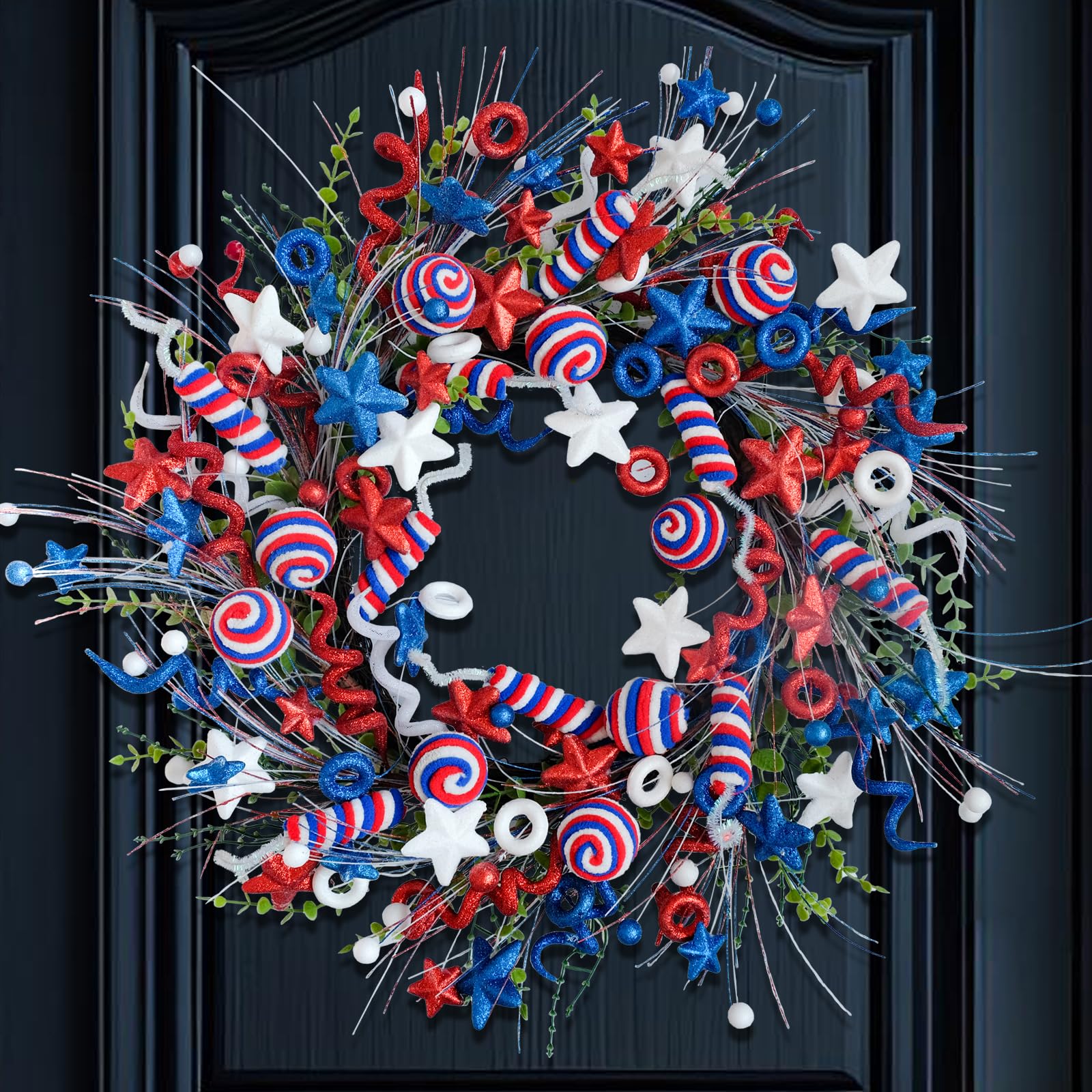 vivimemo 22-inch patriotic wreath with stars and spirals for festive front-door charm.