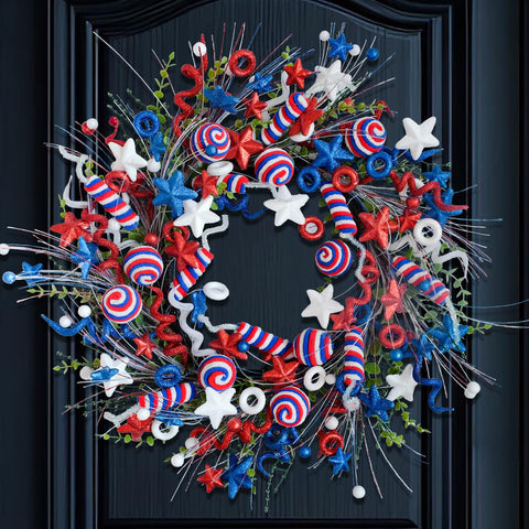 vivimemo 22-inch patriotic wreath with stars and spirals for festive front-door charm.