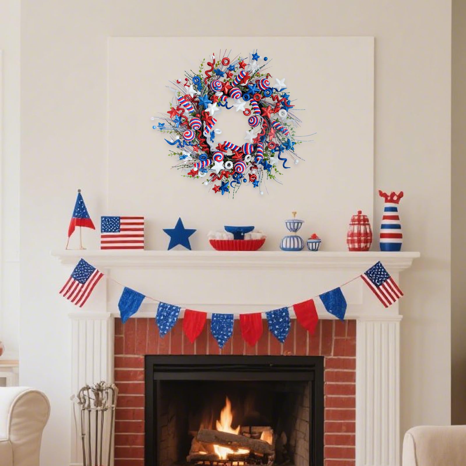 vivimemo ready-to-hang wreath suitable for Independence Day and Memorial Day.