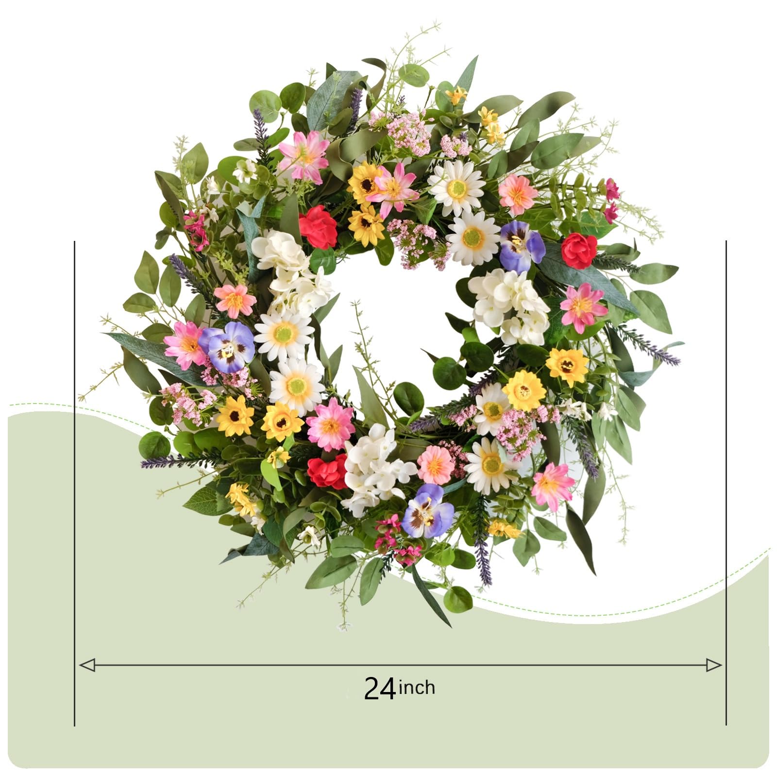 Vivimemo Spring Wreath closeup shows lush leaves for year-round charm
