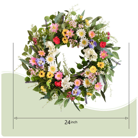 Vivimemo Spring Wreath closeup shows lush leaves for year-round charm
