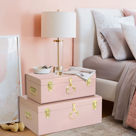 Locking clasps on the pink metal trunk provide secure closure.