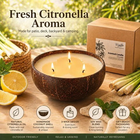 Viyffo coconut-shell jar candle adds natural style for evening ambiance.
