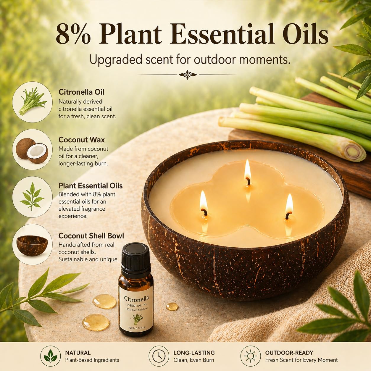 Viyffo soy wax candle with 8% fragrance concentrates aroma for longer outdoor enjoyment.
