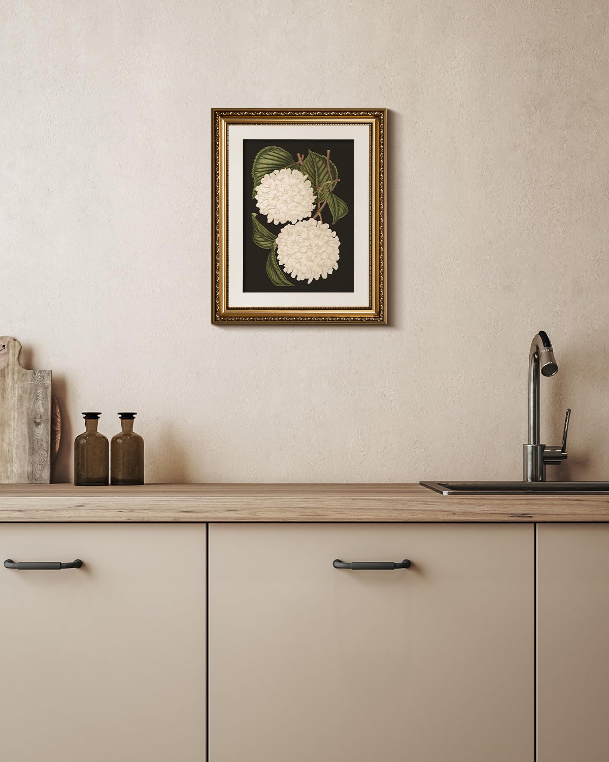White hydrangea canvas print framed in gold adds timeless charm to any room.