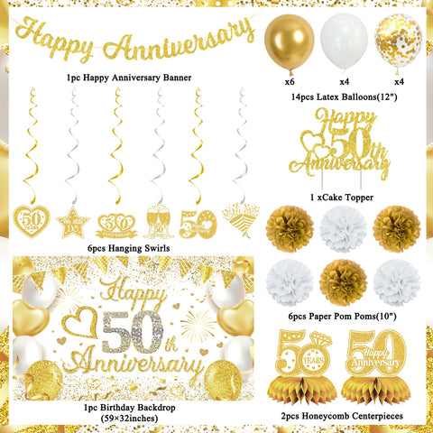 Vlipoeasn glitter gold banner highlights the Happy Anniversary banner for festive decor.